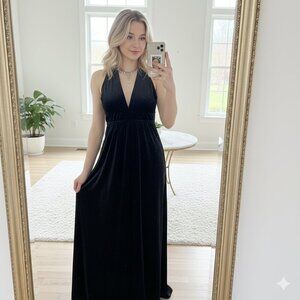 Vintage 90s low cut black velvet babydoll halter maxi dress for the Holidays